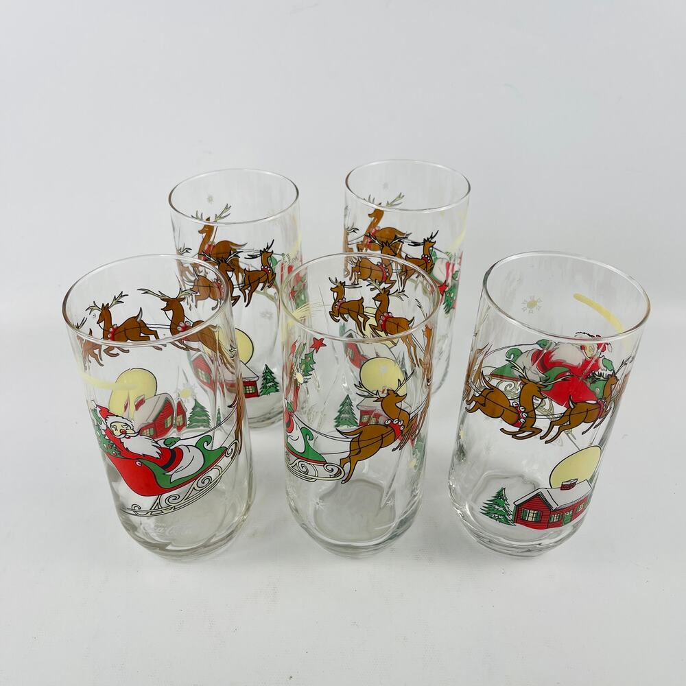 Vintage 5 Coca-Cola Christmas 16 oz Glasses Santa w/Sleigh 1980s McCrory Stores